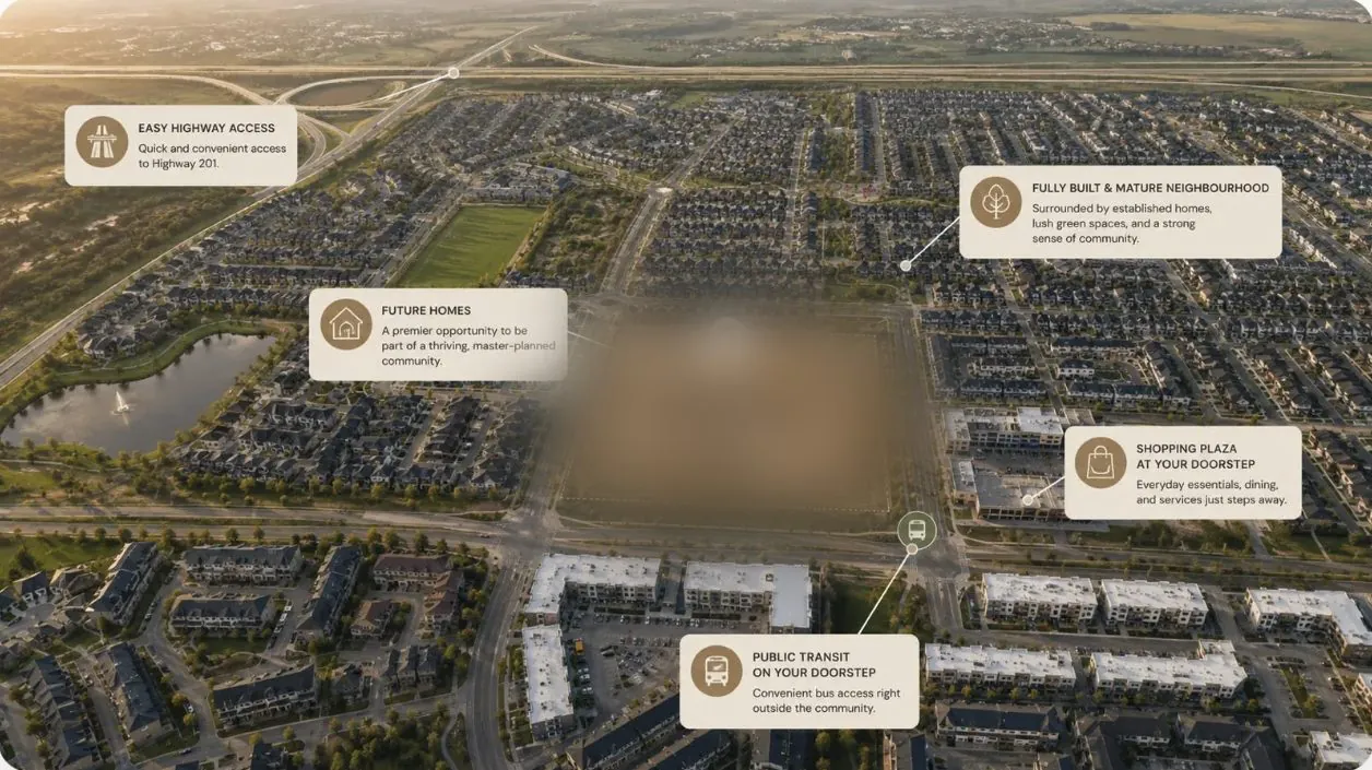 Aerial view of the neighbourhood around the homes, with highway access, shopping plaza, transit and established streets labelled
